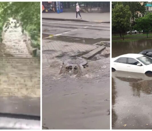 В Николаеве из-за ливня лестница на верхний БАМе превратились в водопад, а в центре появился новый фонтан